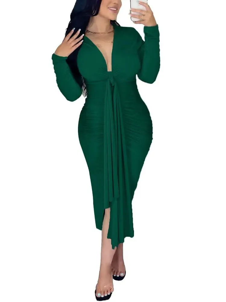 Long Sleeve Tie Up Bodycon Midi Dreses