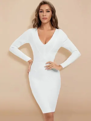 Long Sleeve v-neck Bandage white Dress