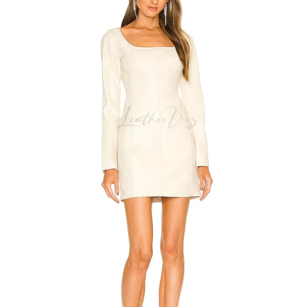 Long Sleeves Women White Bridal Leather Dress