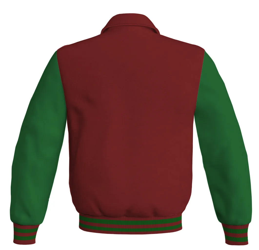 Luxury Bomber Classic Jacket Maroon Body and Green Leather Sleeves