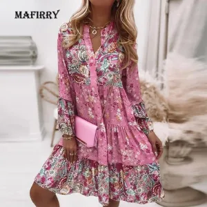 MAFIRRY Marvelous Bohemian Style Print Flare Sleeve Mini Dress