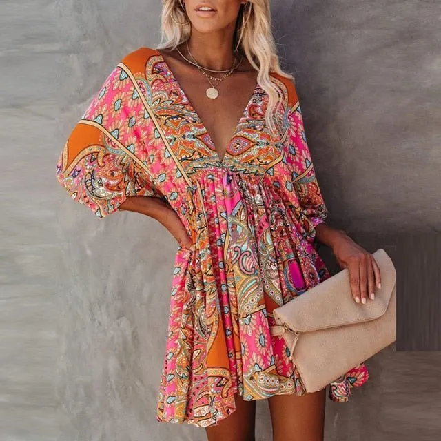 MAFIRRY Marvelous Bohemian Style Print Flare Sleeve Mini Dress