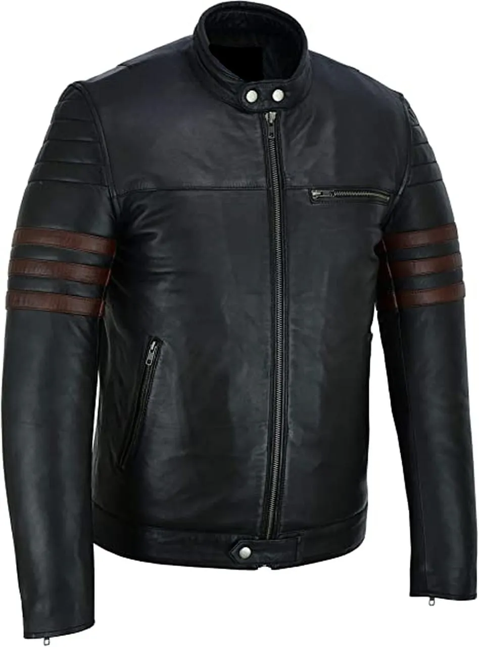 Men Genuine Sheep Leather Jacket With Brown Stripes In Black