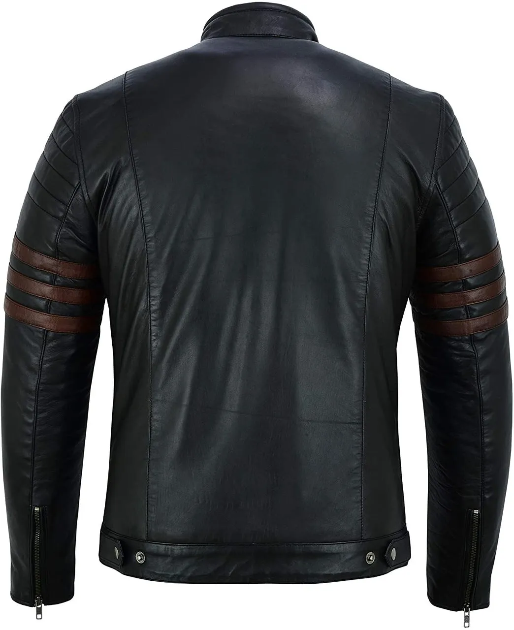 Men Genuine Sheep Leather Jacket With Brown Stripes In Black