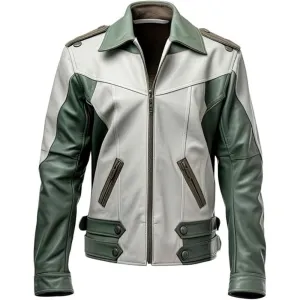 Men's Army Green Off-White Genuine Sheepskin Military Leather Jacket