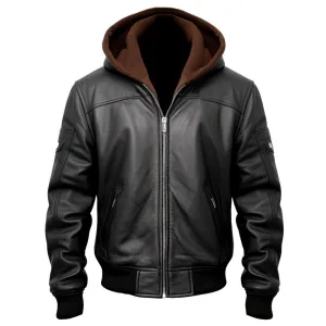 Men's Black Bomber Hooded Biker Genuine Cowhide Leather Jacket