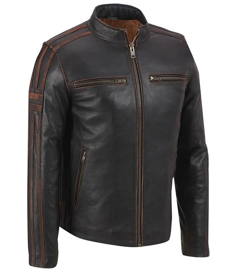 Mens Brown Stripes Biker Jacket