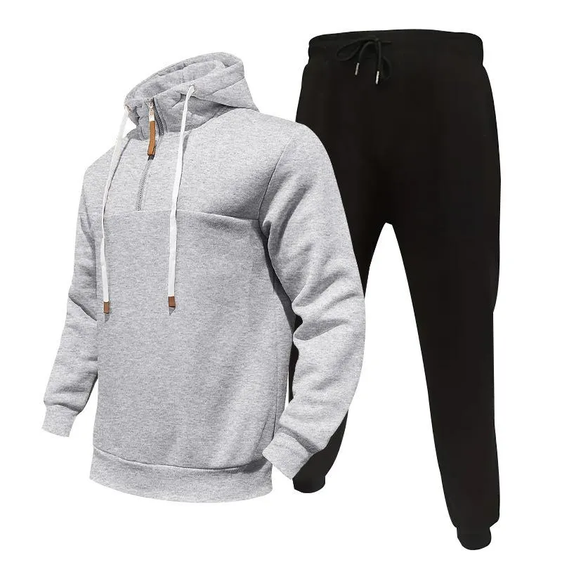 Men's Casual Loose Zipper Pullover Hoodie Elastic Waist Sports Pants Set 22777738M