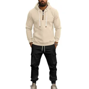 Men's Casual Loose Zipper Pullover Hoodie Elastic Waist Sports Pants Set 22777738M