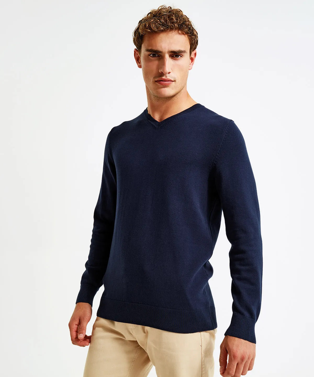 Mens cotton blend v-neck sweater | French Navy