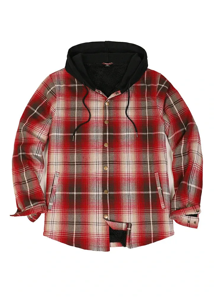 Men's Hooded Flannel Shirt Jacket,Snap Front,Sherpa-Lined Plaid