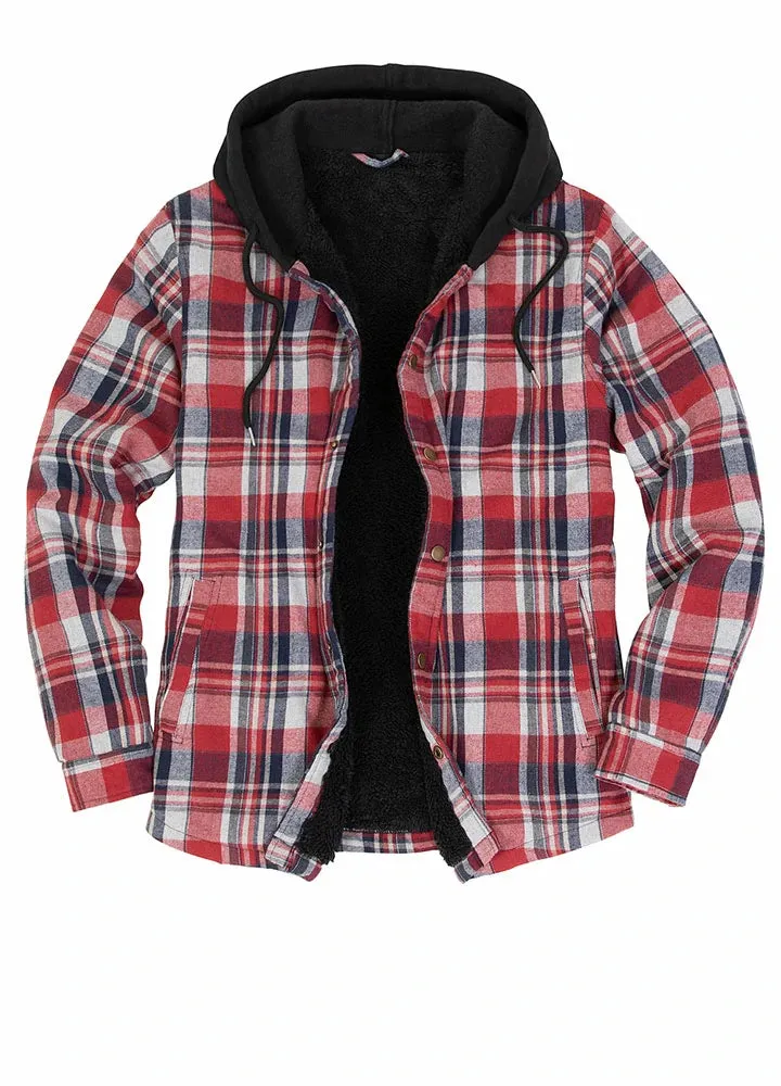 Men's Hooded Flannel Shirt Jacket,Snap Front,Sherpa-Lined Plaid