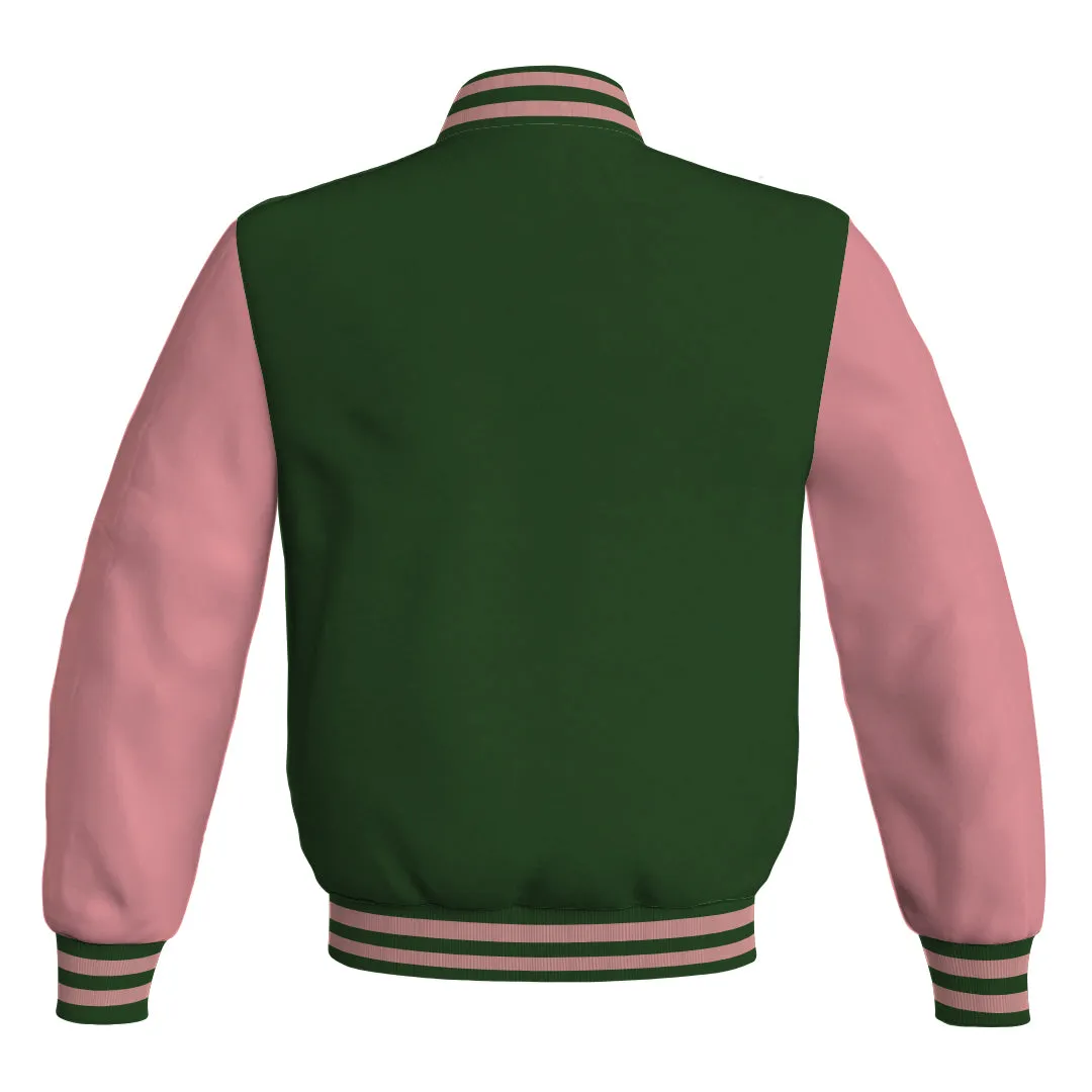 Mens Letterman Jacket Forest Green Body and Pink Leather Sleeves Bomber Jacket