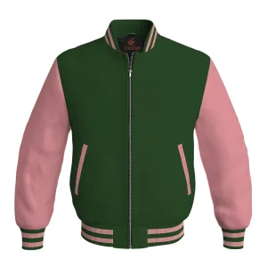 Mens Letterman Jacket Forest Green Body and Pink Leather Sleeves Bomber Jacket