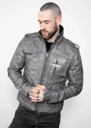 Men's Military Style Distressed Gray Leather Jacket