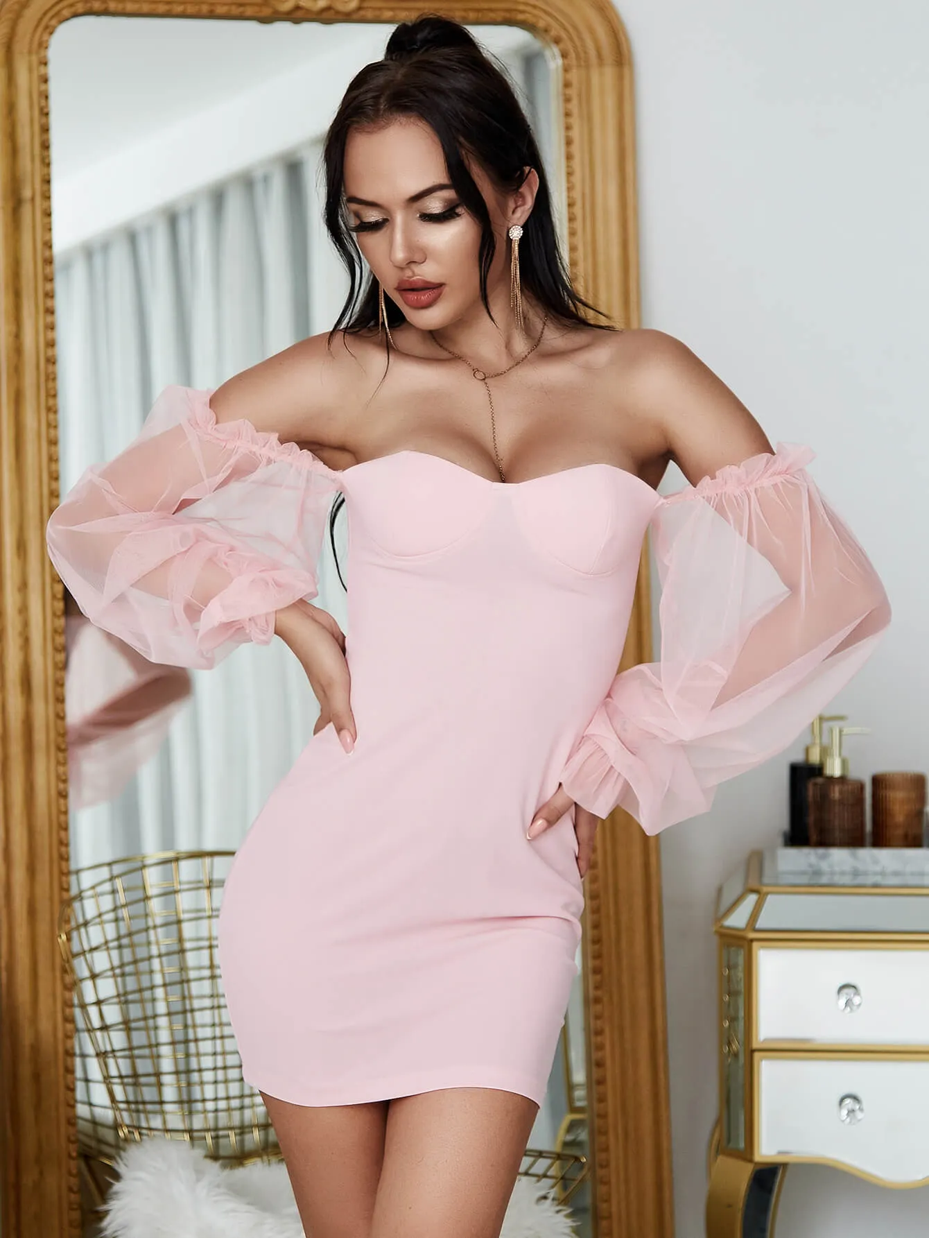 Mesh Sleeve Off-Shoulder Mini Bodycon Dress