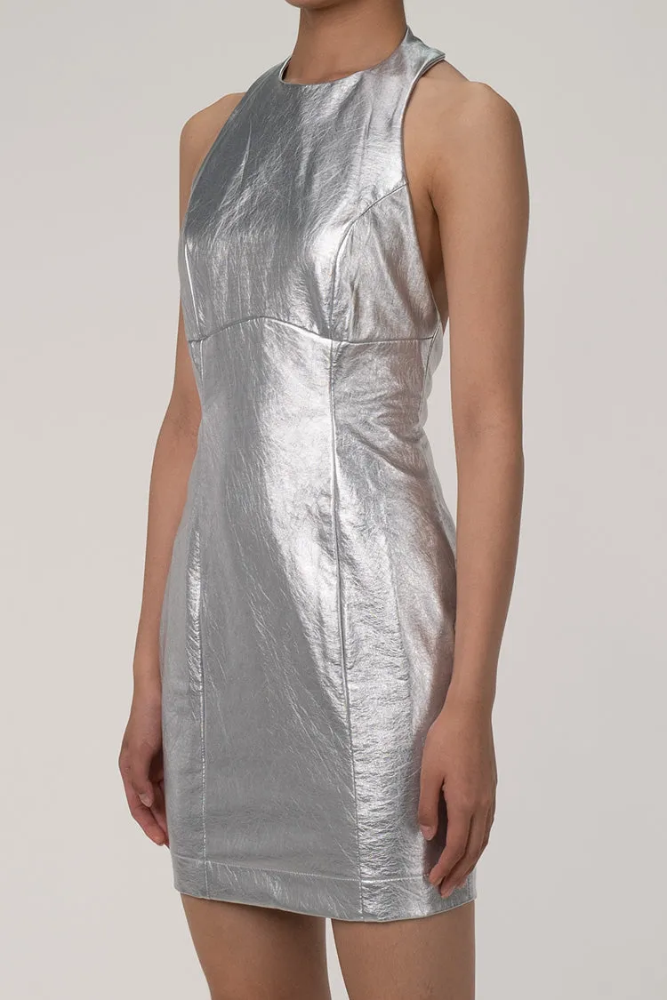 Metallic Halter Crew Neck Sleeveless Bodycon Vegan Leather Mini Party Dress