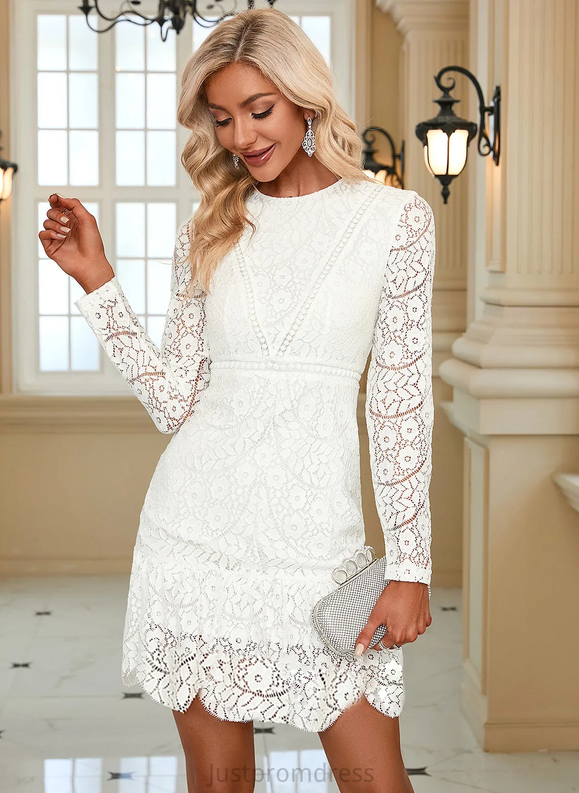 Mini Long Neck Round Bodycon Dresses Lace Club Dresses Luz Elegant Sleeves Lace