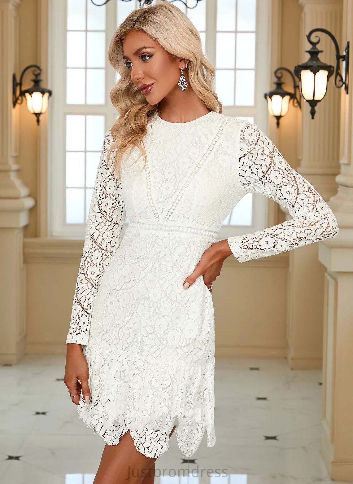 Mini Long Neck Round Bodycon Dresses Lace Club Dresses Luz Elegant Sleeves Lace