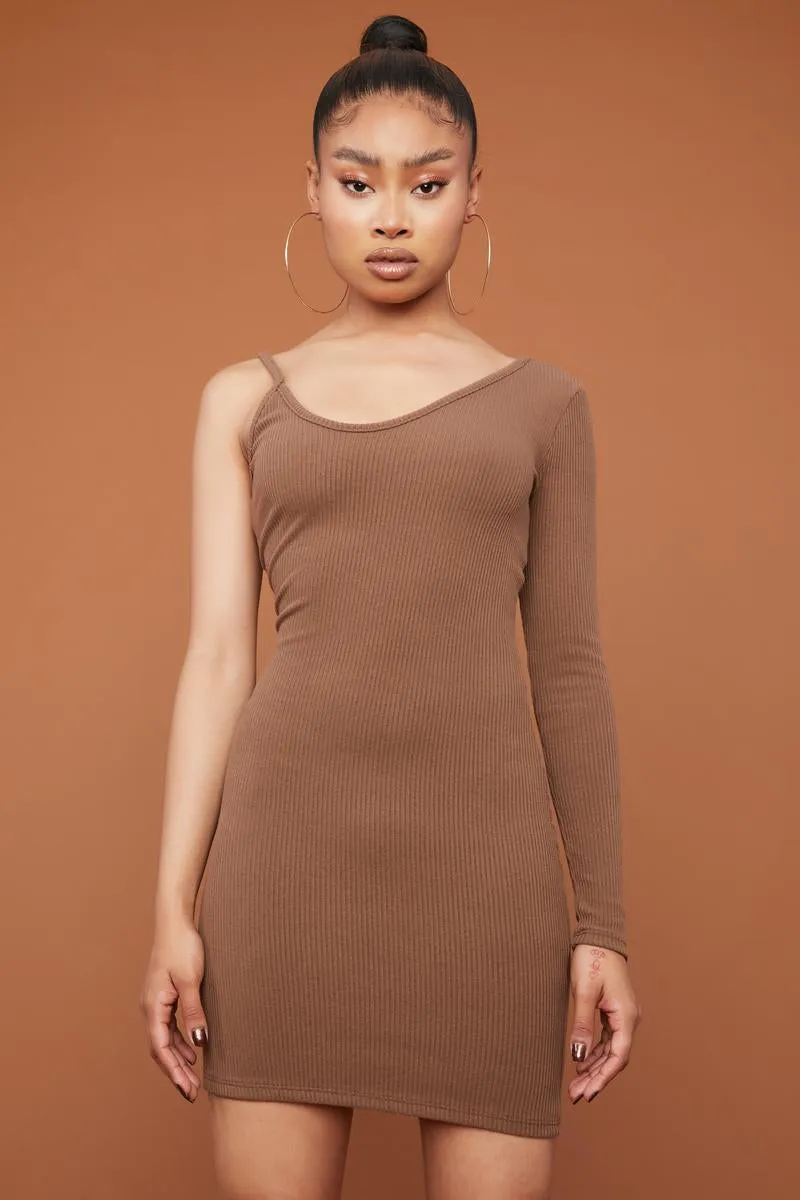 Mocha Too Annoyed One Sleeve Bodycon Mini Dress