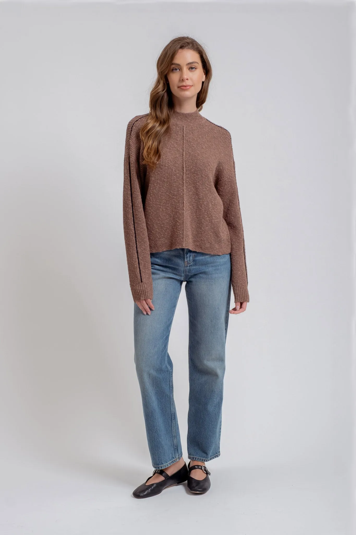 MOCK NECK CONTRAST SEAM SWEATER KNIT PULLOVER