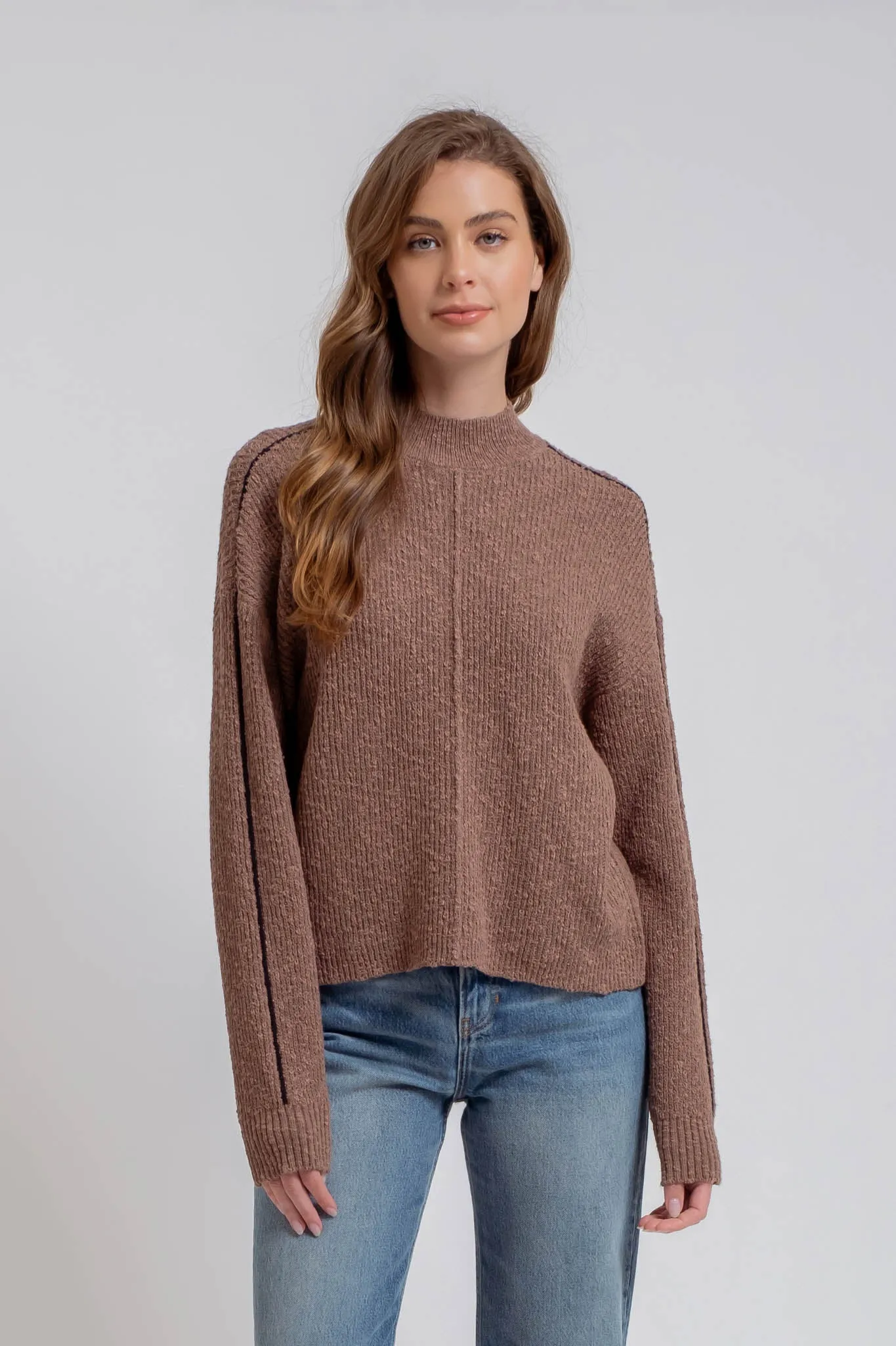 MOCK NECK CONTRAST SEAM SWEATER KNIT PULLOVER