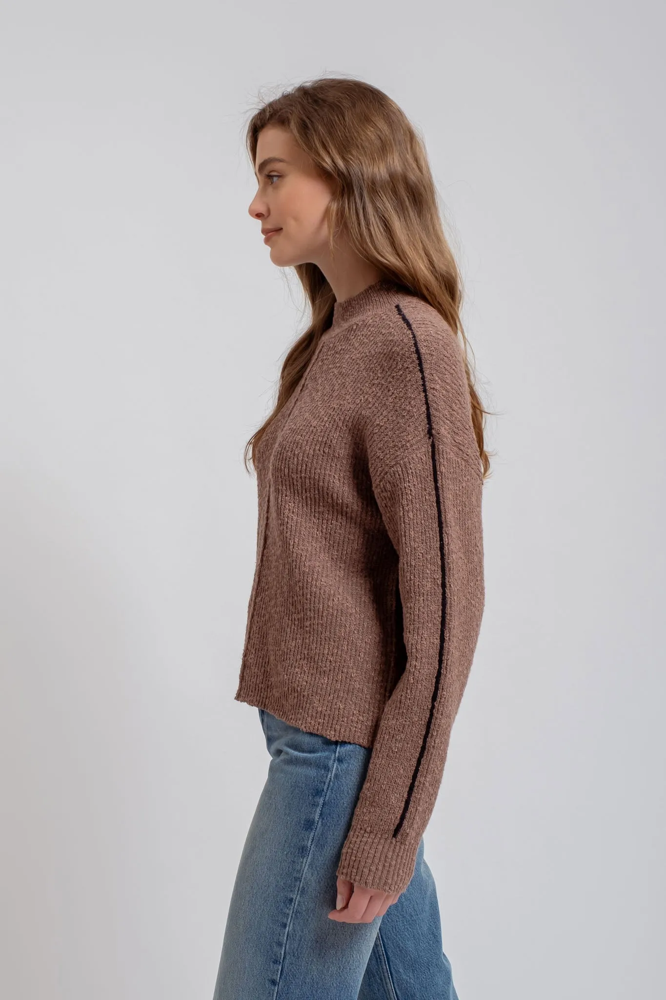 MOCK NECK CONTRAST SEAM SWEATER KNIT PULLOVER