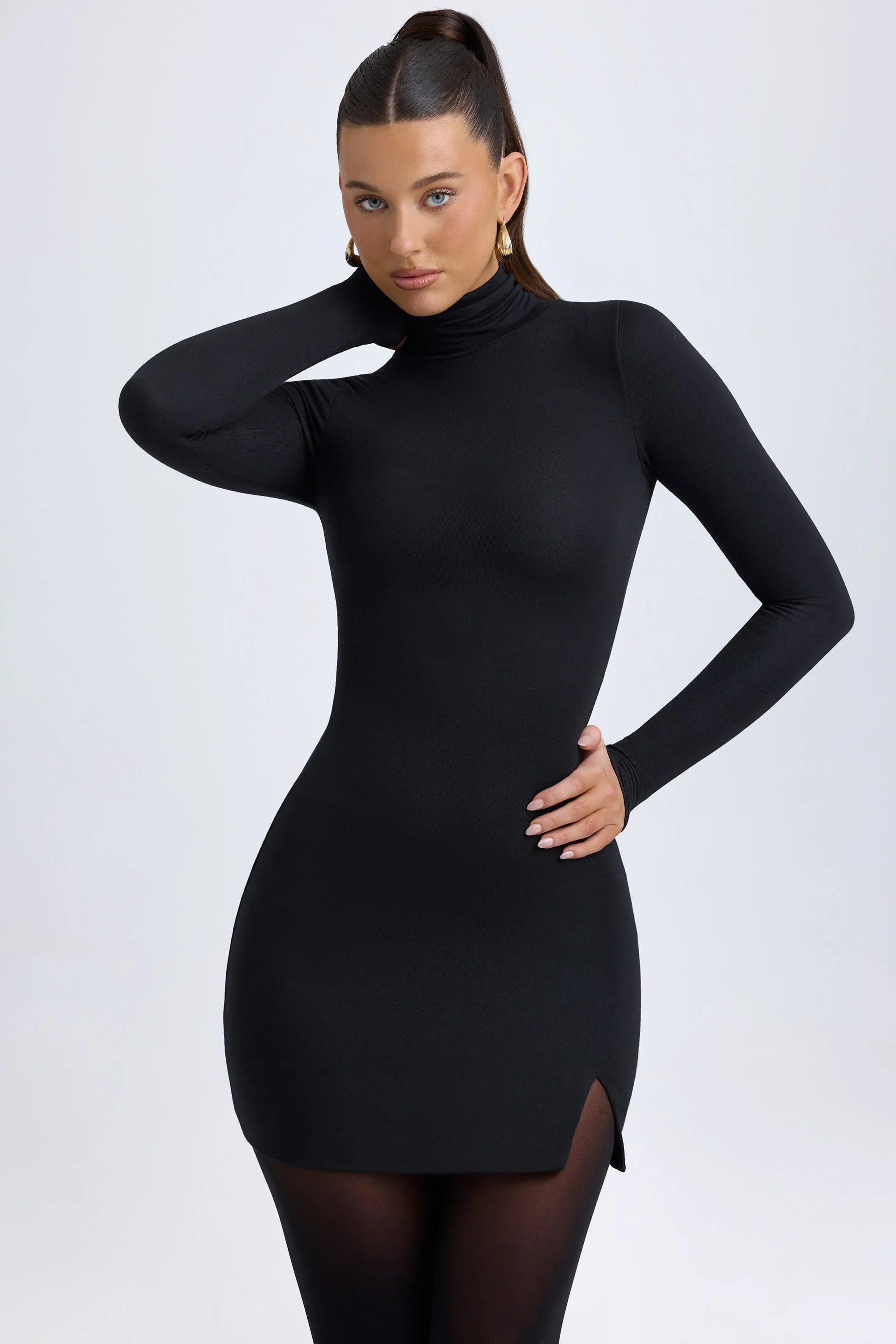 Modal Turtleneck Mini Dress in Black