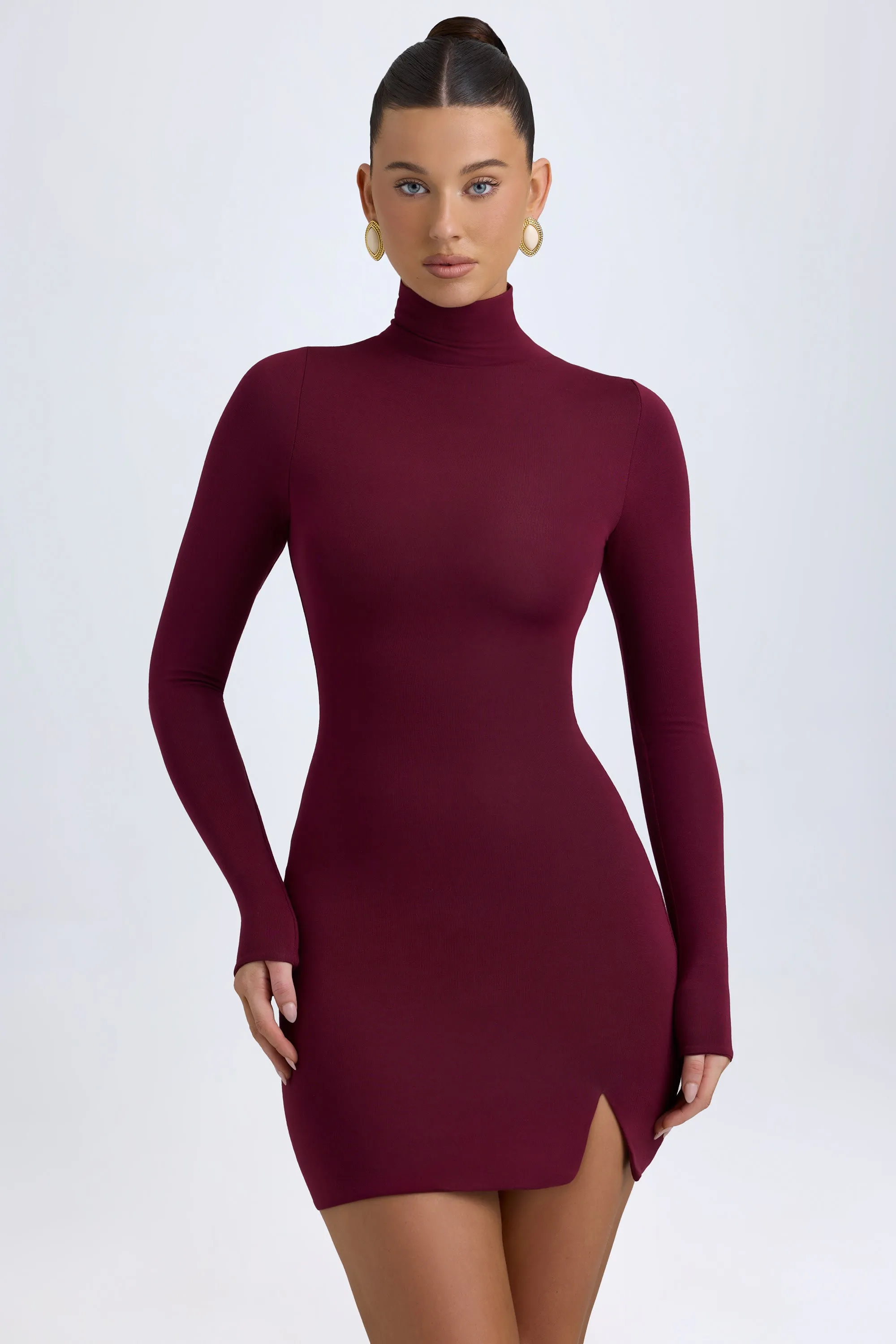 Modal Turtleneck Mini Dress in Wine Red