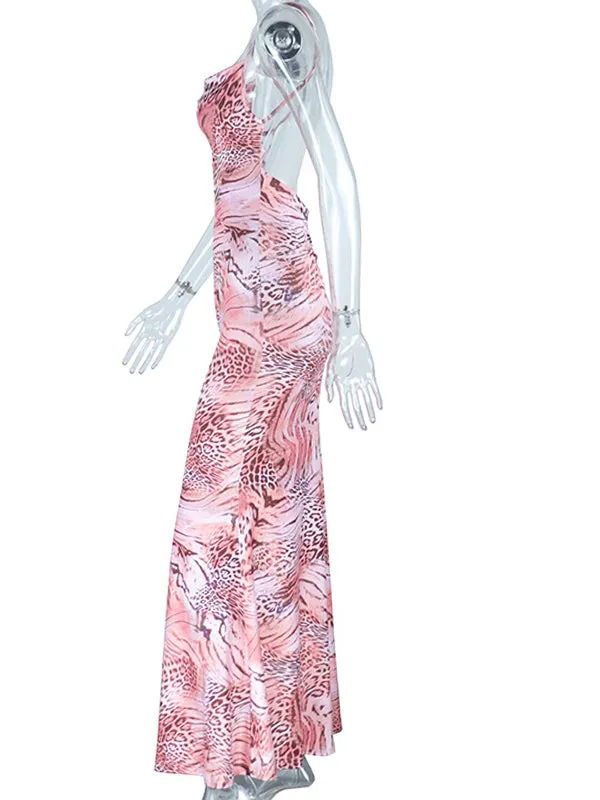 Momnfancy Pink Bodycon Mermaid Backless Cheetach Print Chic Party Maternity Maxi Dress