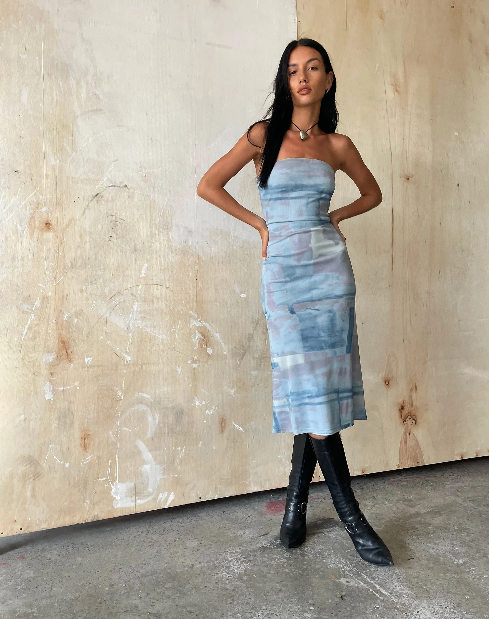 MOTEL X JACQUIE Suki Bandeau Midi Dress in Mesh Abstract Paint Brush Blue