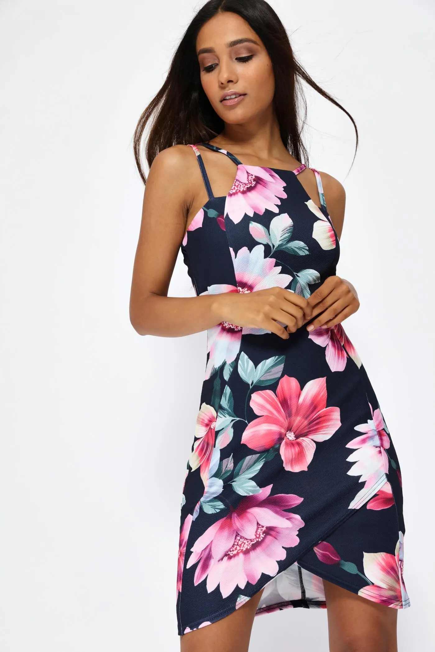 Multi Floral Print Double Strap Bodycon Dress