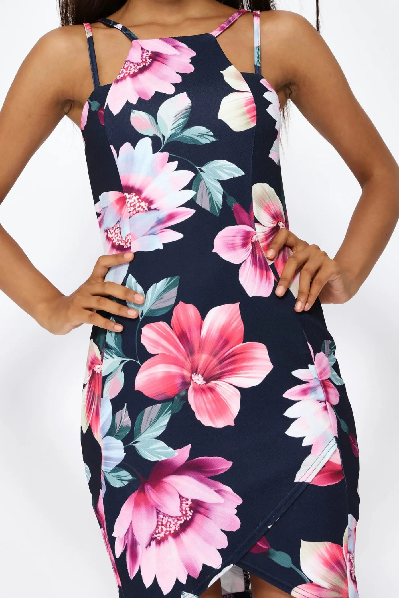 Multi Floral Print Double Strap Bodycon Dress