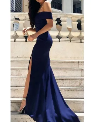 Navy Blue Stunning Off the Shoulder Bodycon Prom Dress with Slit