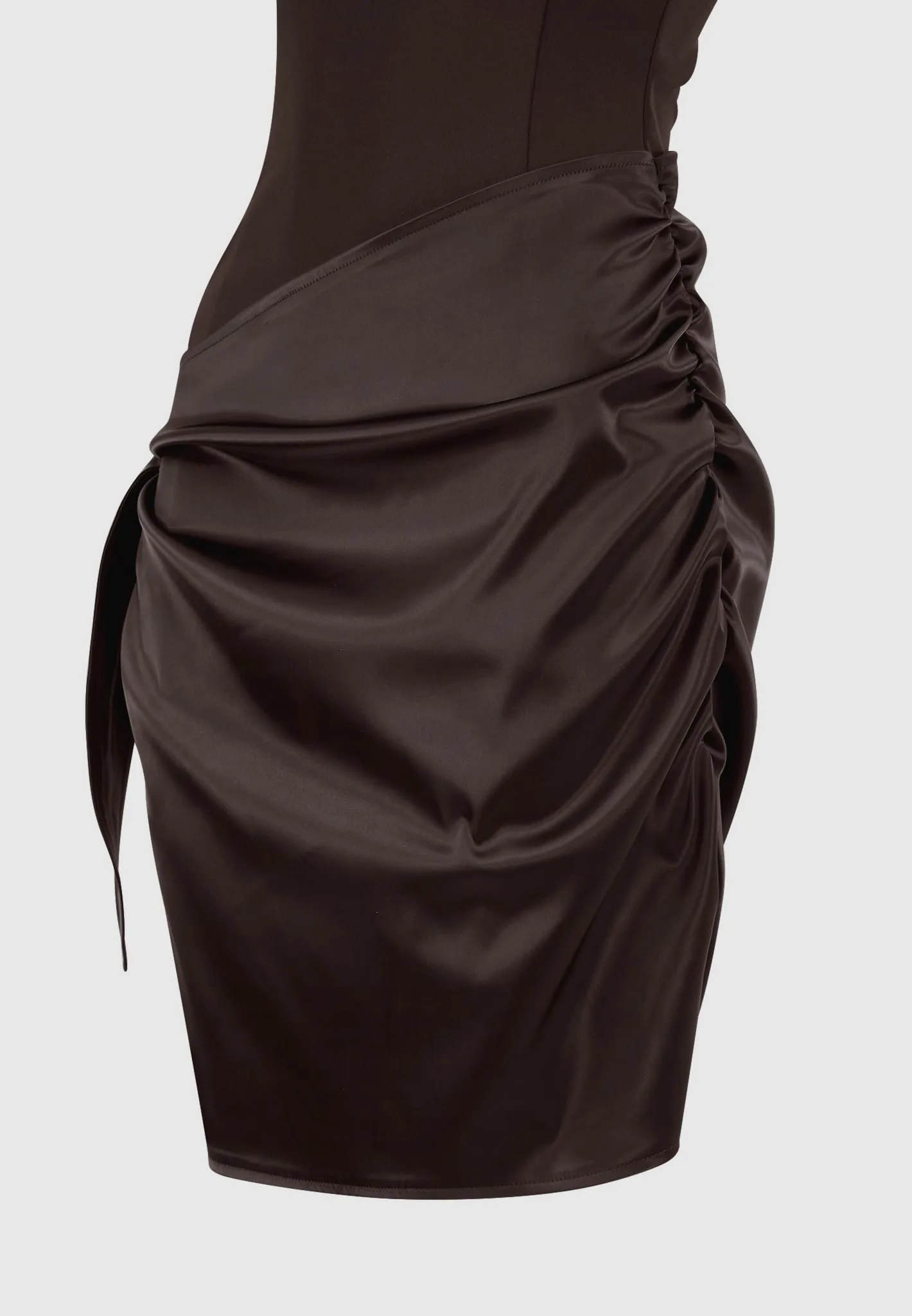 Neoprene & Satin Wrap Bodycon Dress - Brown