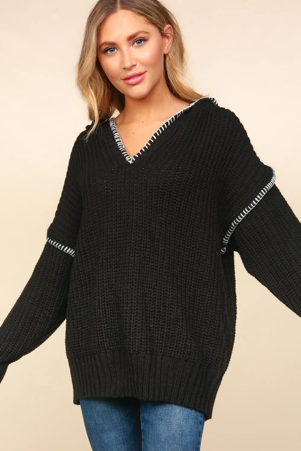 Notched Neck Long Sleeve Hooded Pullover