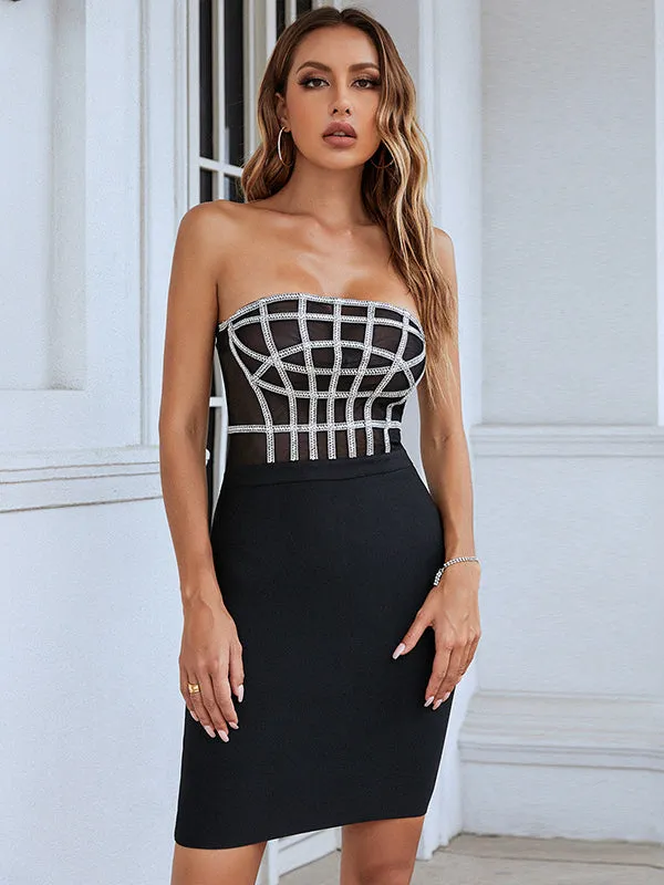 Nvuvu Madina Black Rhinestones Off-Shoulder Bodycon Mini Dress