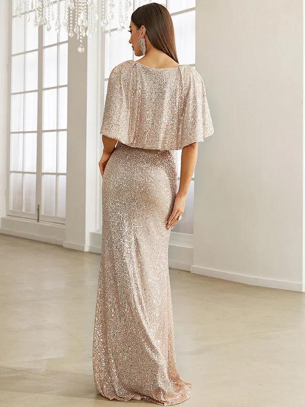 Nvuvu Spotlight on You Tan Sequin Shawl Bodycon Maxi Dress