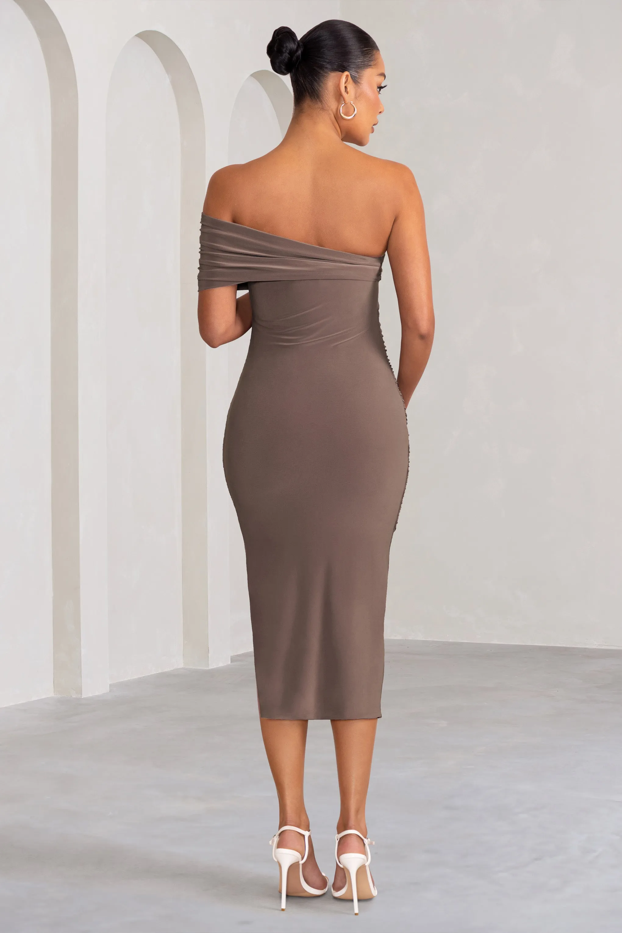 Odelia | Mocha Maternity Midi Dress with Asymmetric Sleeve and Side Split