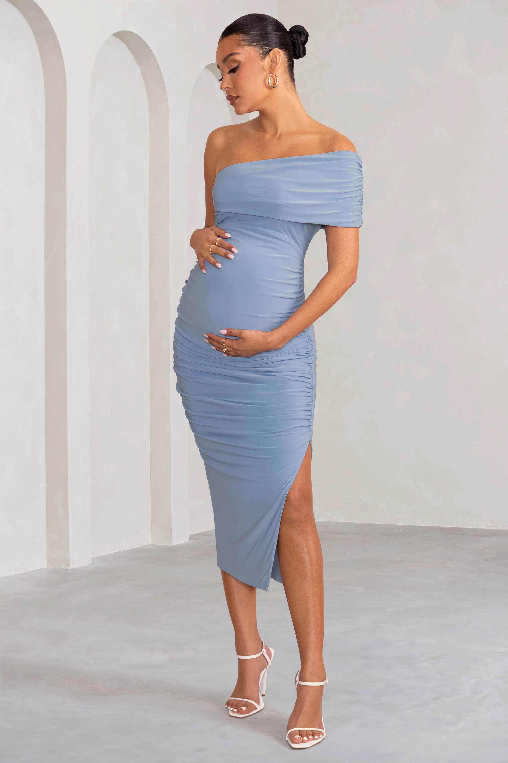 Odelia | Powder Blue Maternity Midi Dress with Asymmetric Sleeve and Side Split