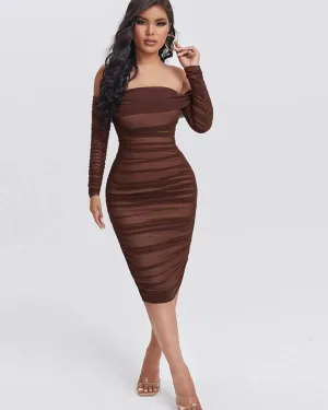 Off-Shoulder Dress With Open Mesh Fabric In Coco Brown