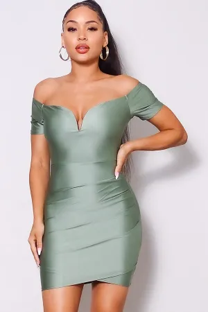 Off Shoulder V Front Gathered Bodycon Mini Dress