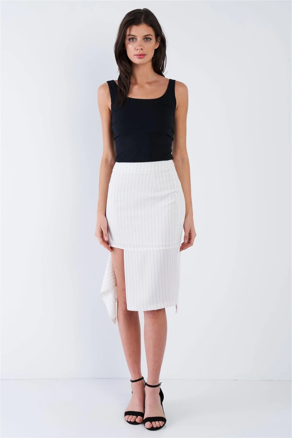 Off-White Pinstripe Cut Out Asymmetrical Hem Bodycon Midi Skirt