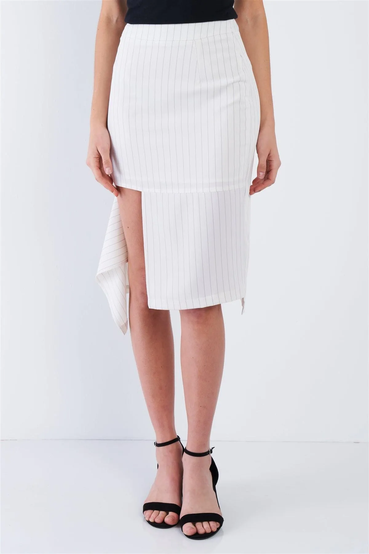 Off-White Pinstripe Cut Out Asymmetrical Hem Bodycon Midi Skirt