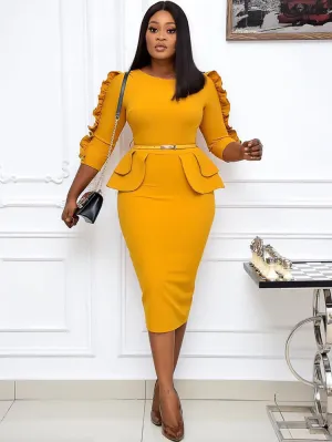 Office Lady Ruffle Long Sleeve Peplum Waist Pencil Dresses