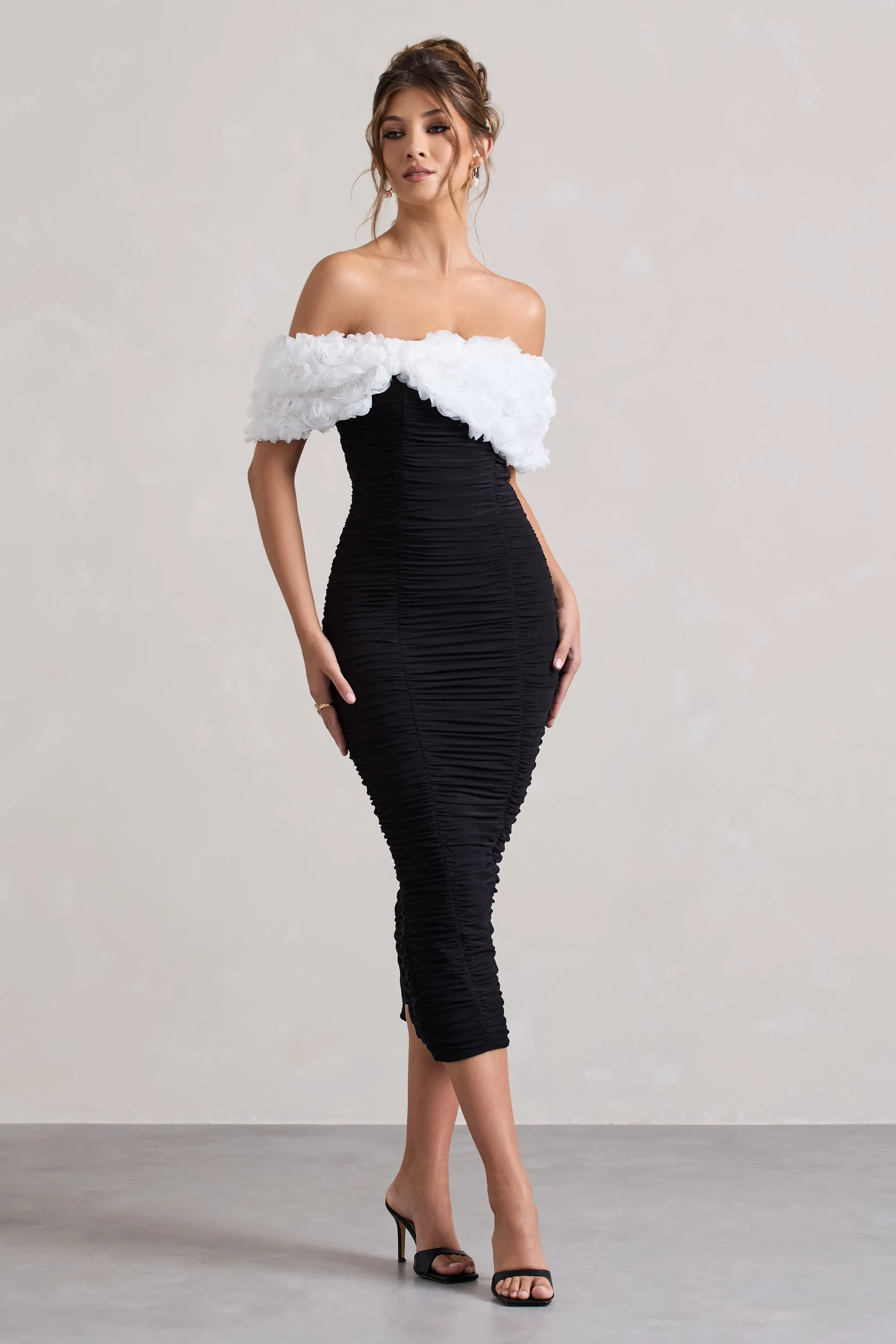 Olea | Black & White Ruched Bardot Midi Dress With Flowers