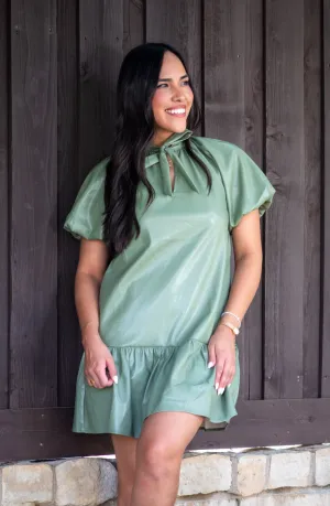 One Of A Kind Olive Green Faux Leather Mini Dress