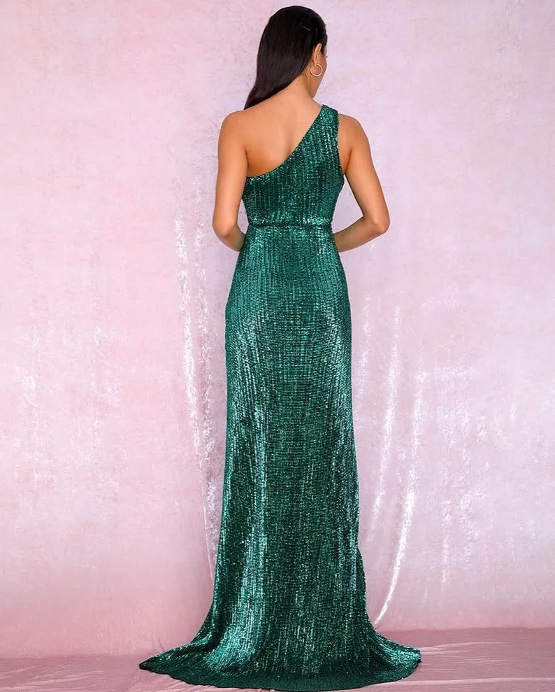 One Shoulder Cut Out Green Cross Split Sequin Bodycon Maxi Dress