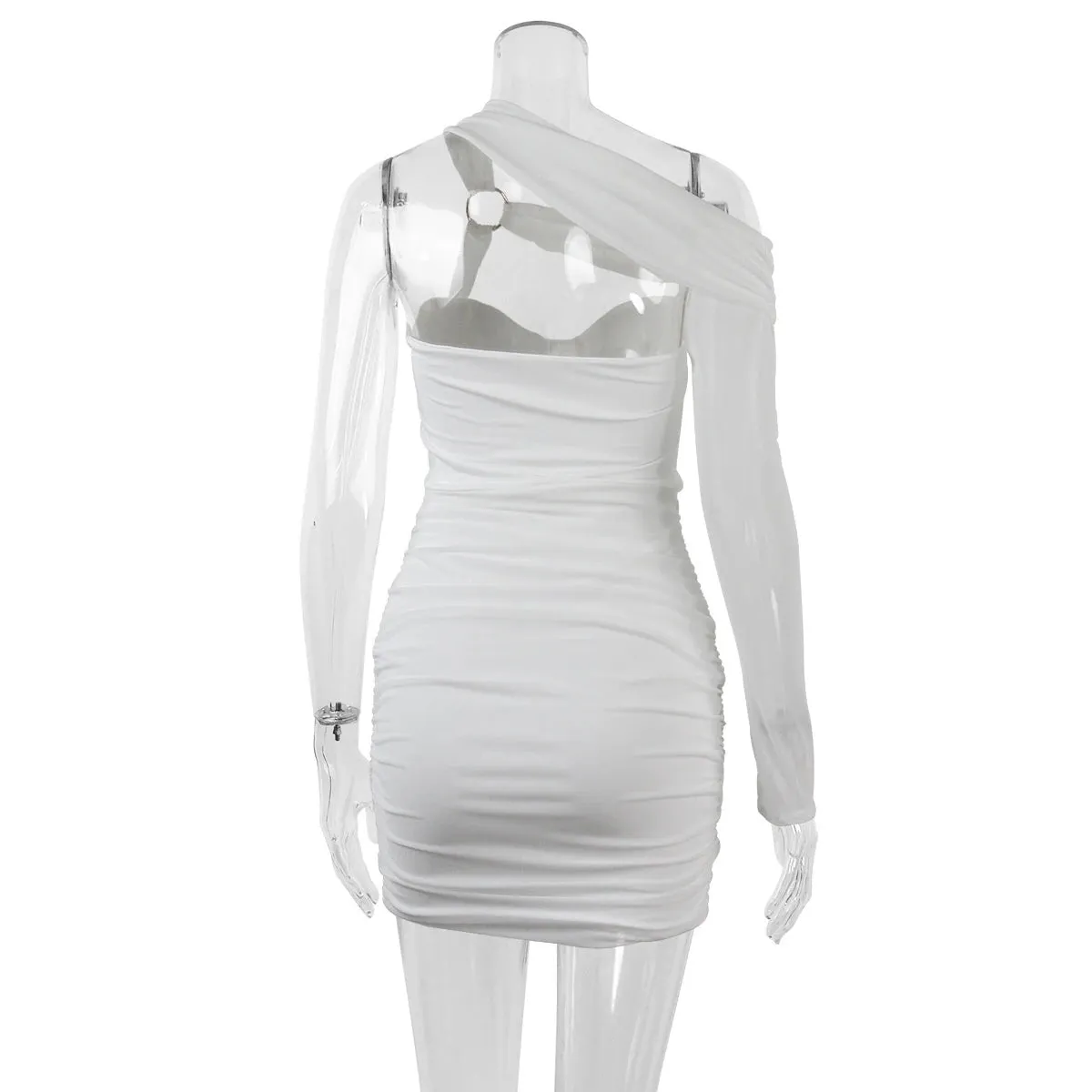 One-Shoulder Hollow Out Ruched Robe White Backless Bodycon Mini Dress