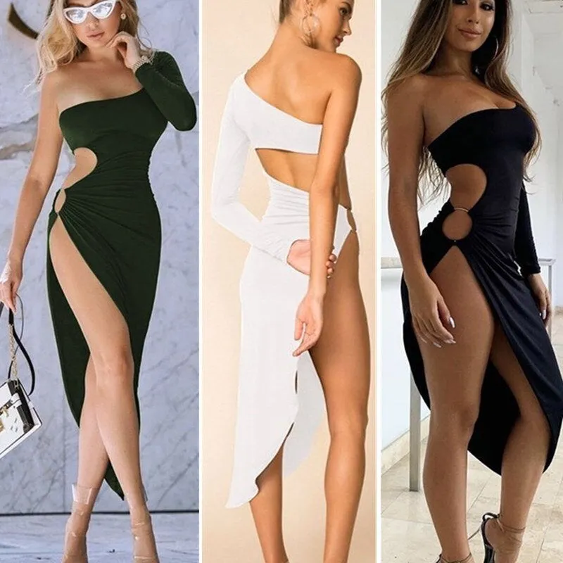 One Shoulder Ring Side High Split Dress | One Shoulder Long Sleeve Bodycon Midi Dress | Clubwear Stretch Dress | Evening Dress | Party Dress